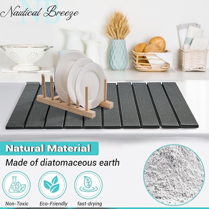 Roll-Up Stone Mat - Premium Diatomaceous Earth Dish Drying Rack, Water Absorbent Roll-Out Dish Drying Mat for Kitchen Countertops, Eco-Friendly, Quick-Dry Surface