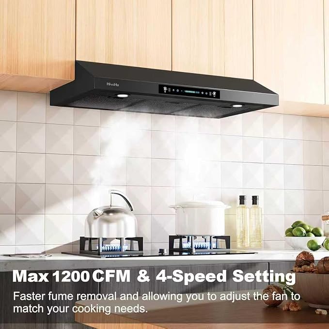 HisoHu 36 Inch Under Ducted Cabinet Range Hood with 1200 CFM, 4 Speed Gesture Sensing Kitchen Exhaust Hood & Touch Control Panel, Stainless Steel Stove Vent Hood with 2 LED Lights（Black）
