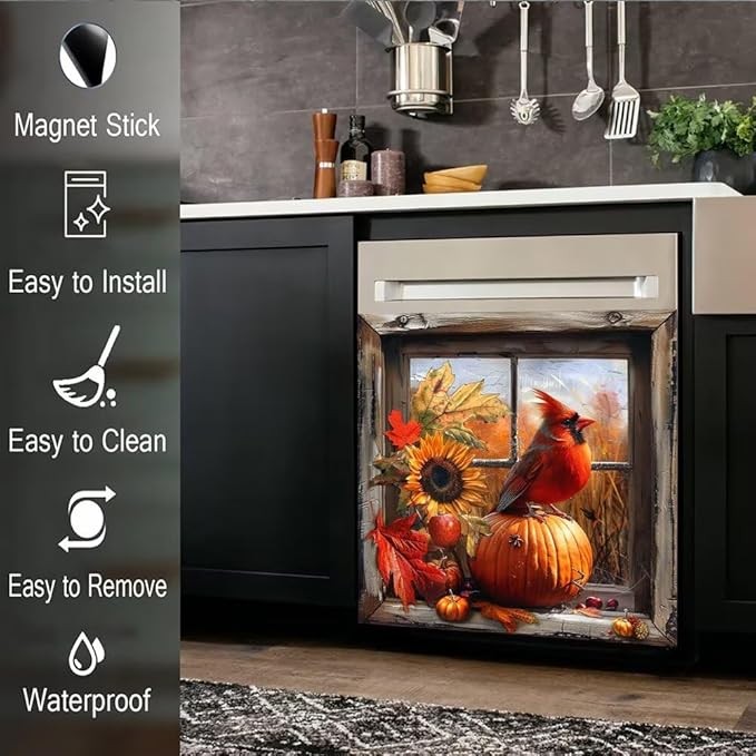 Dishwasher Magnetic Cover, Cardinal Bird Dishwasher Magnet Kitchen Decor, Pumpkin Dishwasher Cover Magnetic Refrigerator Sticker Holiday Decal, 26"x17"