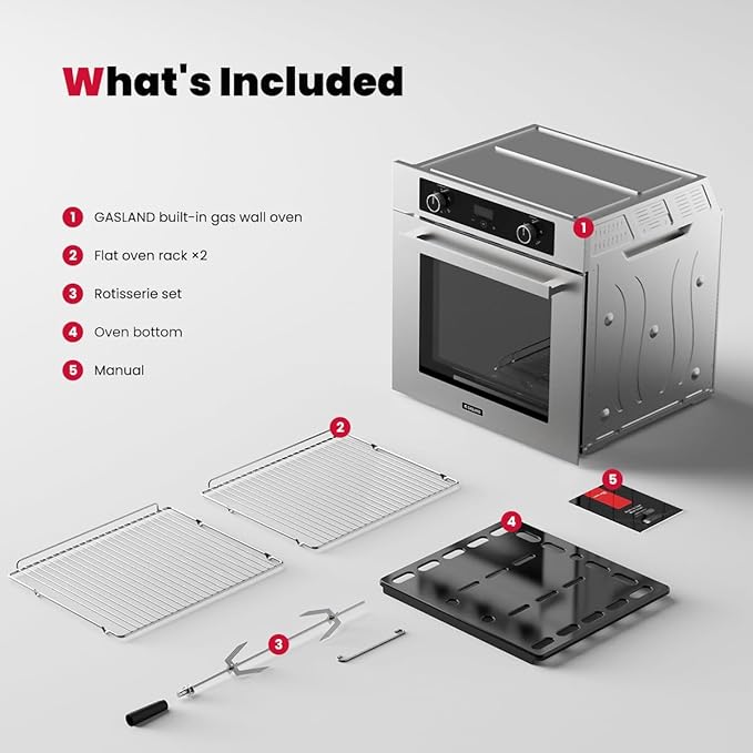GASLAND 24 Inch Gas Wall Oven, ETL Certified Natural Gas Oven, Built-in Single Wall Oven, with Bake Broil Rotisserie Functions, Digital Timer and Convection Fan, 120V Cord Plug, Stainless Steel