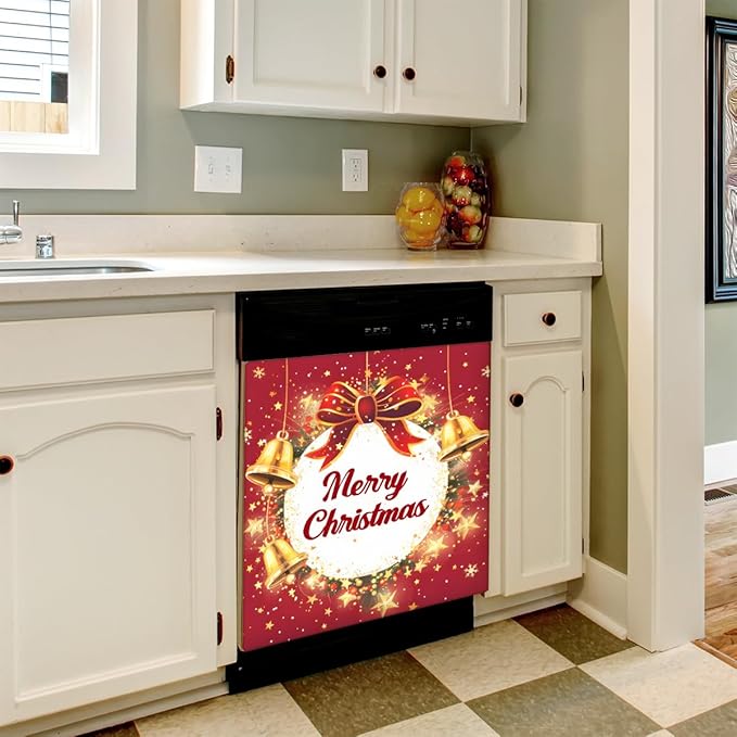Merry Christmas Bell Bow Dishwasher Magnet Cover, Reusable Refrigerator Panel Stickers Microwave Front Door Covers Magnets for Kitchen Home Appliances Holiday Party Decorations 23 X 26 in