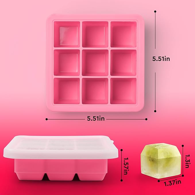 Silicone Ice Cube Tray with Lid,9x1.3 inch,Small Ice Cube Trays for Freezer | Mini Ice Cube Trays-Nugget Ice Tray with lid for Mini Fridge with Freezer for Coffee,Baby Food,Pink ice tray