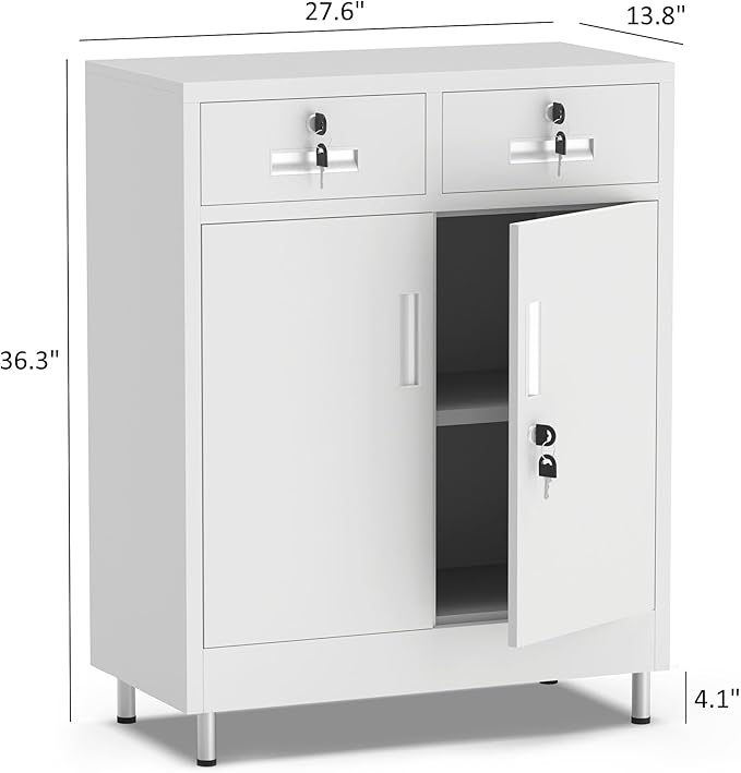 Metal Storage Cabinet with Locking Doors and 2 Drawers, Lockable Storage Cabinet with Adjustable Shelf for Home Office Garage Entryway Pantry (White)
