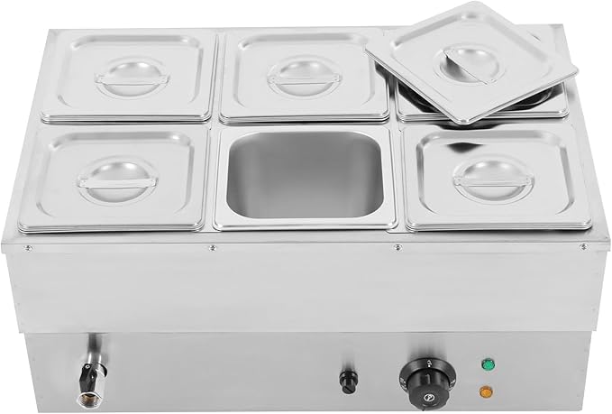 6 Pan Commercial Food Warmer,110V 1500W Electric Stainless Steel Steam Food Warmer with Lid,Electric Bain Marie Countertop with Temperature Control for Catering,Restaurant,Party (6-Pan)