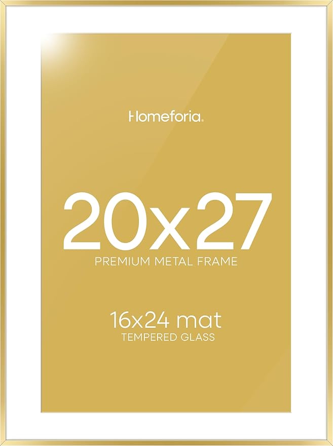Homeforia 20x27 Picture Frame Gold, High End Metal 20x27 Poster Frames with Mat 16x24 Photo, 20 x 27 Gold Frame Matted to 16 by 24 Print, 27by20 Thin Hanging Frames, Tempered Glass, Wall Kit, Set of 1
