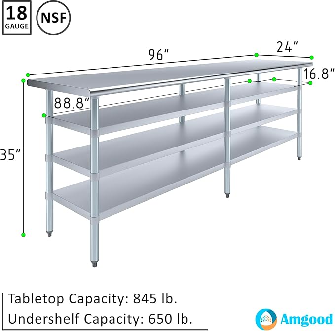 24 in. x 96 in. Stainless Steel Work Table with Three Bottom Shelves | NSF Kitchen Prep Table | Utitly Metal Table