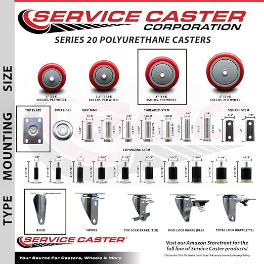 Service Caster Brand Replacement Caster for Uline Caster H-5539R-Rigid Top Plate Caster with 4 Inch Red Polyurethane Wheel-Light Duty Replacement Caster- Fits Carts, Dollies and Poly Box Trucks H-1956