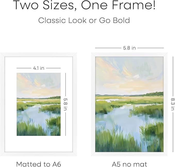 Homeforia A5 Picture Frame White, High End Metal 5.8x8.3 Frames Matted to 4.1x5.8 Print, A5 Photo Frame with Mat A6, 5.8 x 8.3 Poster Frame, 8.3x5.8 Display Frames, Tempered Glass, Wall Kit, Set of 1
