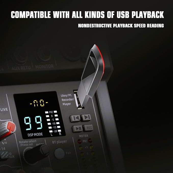 6-Channel Audio Mixer, DJ Controller Sound Board Console with 99 DSP Effects, Bluetooth Mixer Input 48V Phantom Power Stereo USB XLR Mixer For Karaoke Studio PC Recording