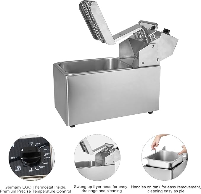 CROSSON 10Lbs Electric Countertop Deep Fryer with Easy Clean Rotary fryer head,30 Minitues Timer,Removable 304 SS Oil Tank with Handle,4.5L Deep Fryer With Basket for Home Use
