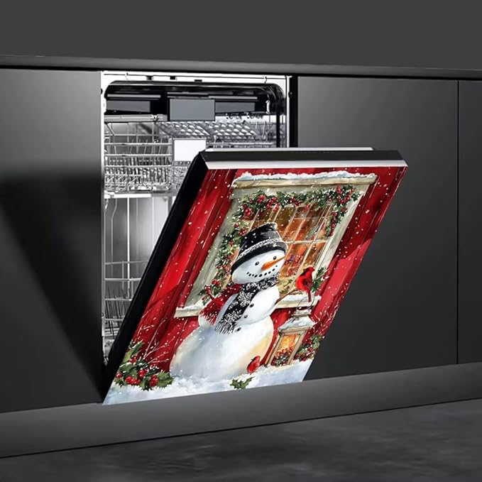 Christmas Snowman Magnetic Dishwasher Cover Vinyl Sticker,Red Barn Winter Scene Dishwasher Magnet Cover, Xmas Bird Fridge Door Cover Magnets Art Skin Panel Decal for Home Decor, 23"X26"