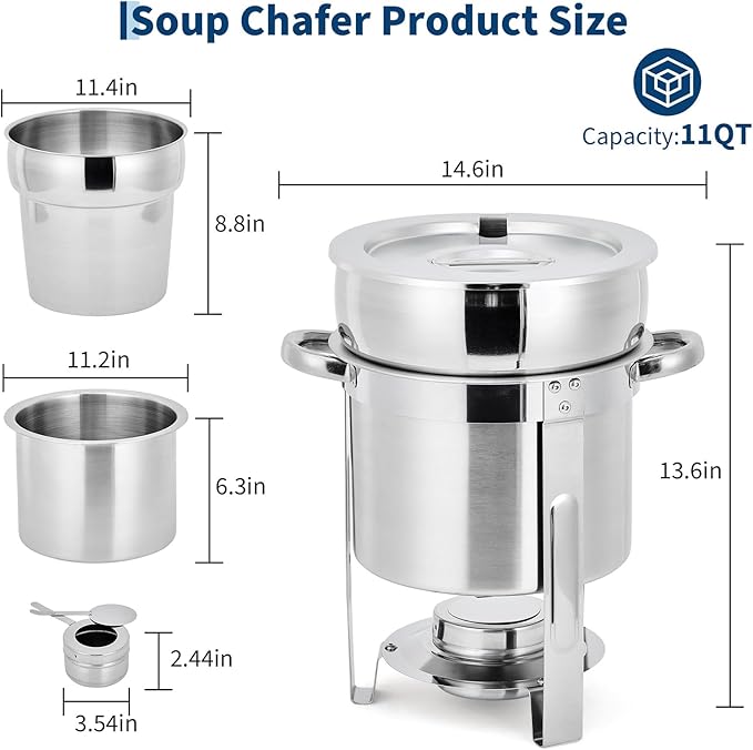 GarveeHome 11QT Soup Chafer Set of 2, Stainless Steel Round Soup Warmer with Pot, Notched Lids & Fuel Holders, Commercial Food Warmer for Buffets, Events and Party Service