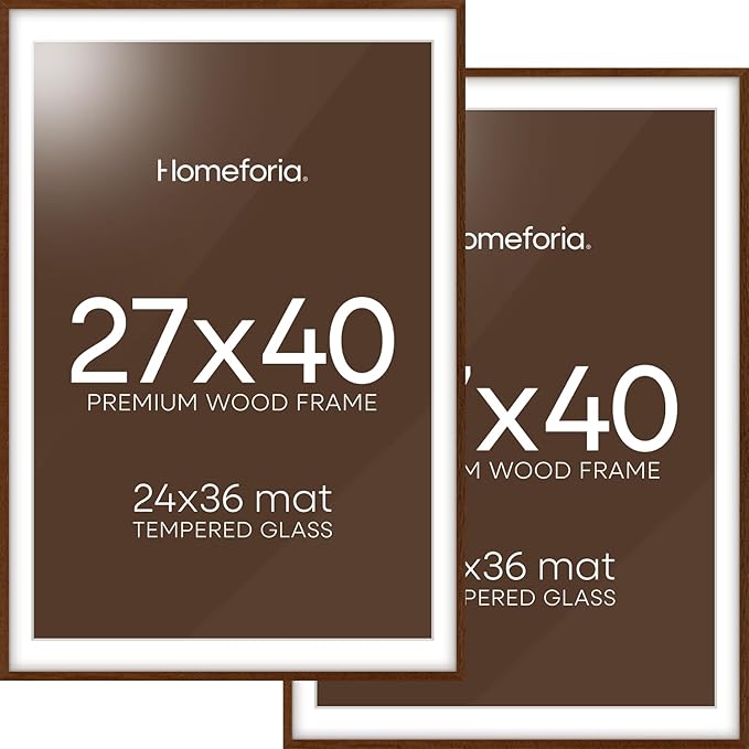 Homeforia 27x40 Poster Frame Brown, High End Dark Oak 27x40 Large Wooden Frame with Mat 24x36, 27 x 40 Walnut Wood Picture Frame Matted to 24 x 36, 40x27 Thin Frame, Tempered Glass, Wall Kit, Set of 2