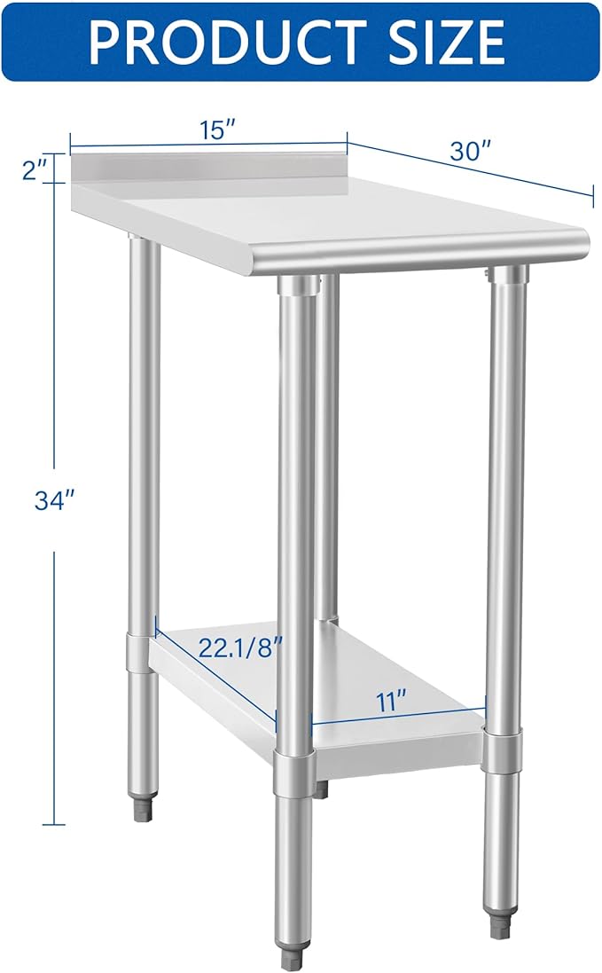 HARDURA Stainless Steel Commercial Work Table Prep Work Metal Table 30×15 Inches with Undershelf and 2" Backsplash Heavy Duty NSF 430 for Kitchen Food Prep