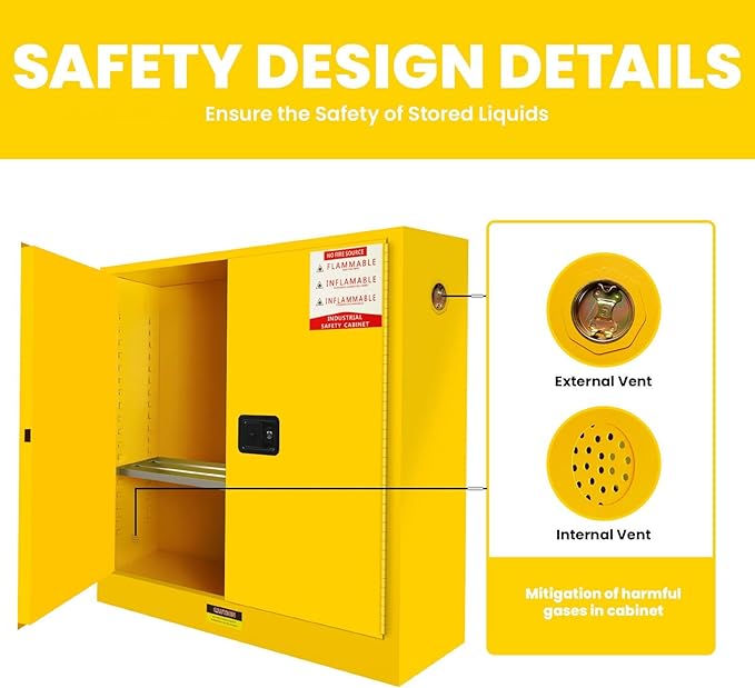 Flammable Safety Cabinet 43" x 18" x 44" Yellow, Cold-Rolled Steel Industrial Explosion Proof Cabinet, Adjustable Shelf & 2 Vent Design for Commercial Garages, Lab & Industrial Facilities