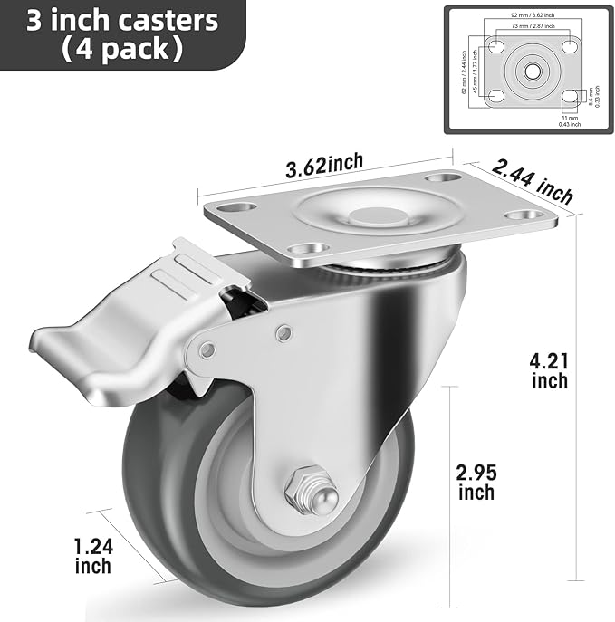 3 inch Caster Wheels, Casters Set of 4 Heavy Duty - CLOATFET Locking Swivel Casters with Brake (Top Plate), Non Marking Grey TPR Rubber Castor Wheels for Cart Furniture Workbench