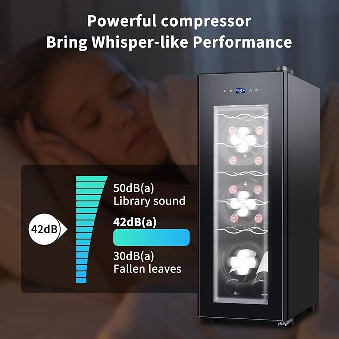 12 Bottle Black Wine Fridge,Freestanding Stainless Steel Small Wine Cooler For Red&White Wine,Wine Cooler Refrigerator 41°-64°F Digital Temperature Control Glass Door For Bar,Home Black