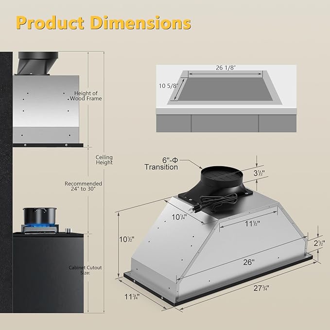 Range Hood Insert 30 Inch, KMB02-30 900 CFM Built-in Range Hood, Stainless Steel Kitchen Vent Hood with 4-Speed,Ducted/Ductless Hood Range with Bright LED Lights, Smart Control Panel, Black