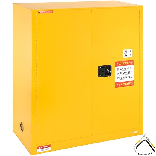 VEVOR Flammable Cabinet 18" x 43" x 50", Cold-Rolled Steel Flammable Liquid Storage Cabinet 34 Gal with 2 Adjustable Shelves/2 Manual Closing Doors for Industrial Use, Yellow