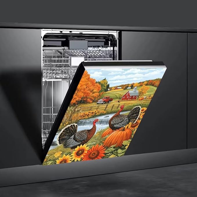 Autumn Farm Scene with Pumpkins Magnetic Dishwasher Cover Vinyl Sticker,Thanksgiving Turkeys Dishwasher Magnet Cover, Fridge Door Cover Magnets Art Skin Panel Decal for Home Decor, 23"X26"