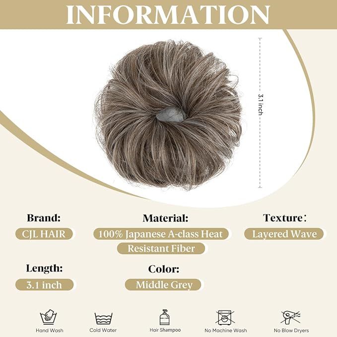 CJL HAIR 2PCs Small Cute Messy Bun Hair Piece for Thin Hair Women Mini Synthetic Curly Bun Scrunchies Updo Hairpieces Middle Grey