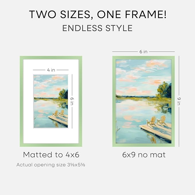 Homeforia 6x9 Picture Frame Sage Green, High End Metal 6 x 9 Frames with Mat 4 x 6 for Print, 6by9 Desk Frame Matted to 4x6 inch Photo, 6 by 9 Wall or Tabletop Frame, Tempered Glass, Wall Kit, Set of 2