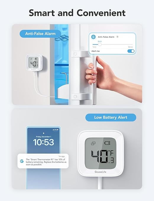 GoveeLife WiFi Refrigerator Thermometer with Alarm, Wireless Digital Freezer Temperature Gauge with App Control, LCD Display, 2 Years Free Data Export, for Home Kitchen Fridge Hot Tub 2 Pack