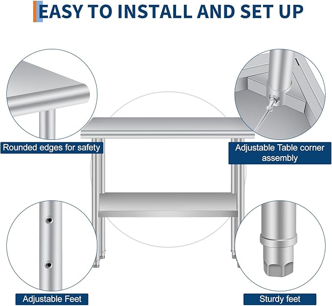  Stainless Steel Prep Table, 24 x 48 Inches Heavy Duty Commercial , with Rounded-Corner, Adjustable Undershelf and 4 Caster Wheels, Heavy Duty Work Table with Adjustable Under Shelf for Outdoor, Res