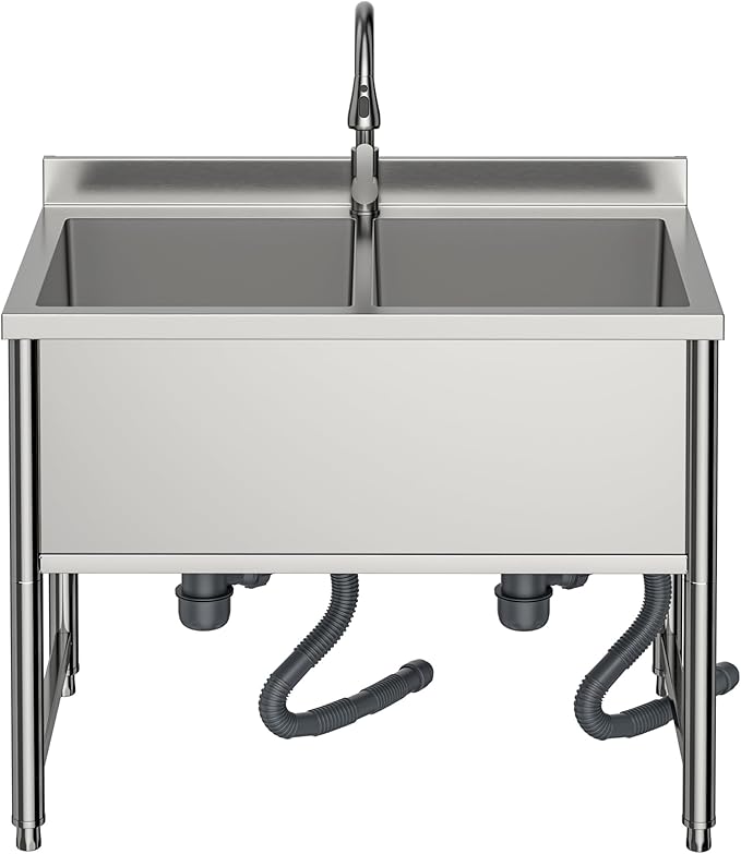 35" Stainless Steel Commercial Sink 2 Bowl Freestanding Kitchen Sink with Pull-out Faucet, Large Utility Sink for Kitchen, Dishwashing, Thawing, Laundry Room, Garage, Outdoor, Total Capacity 36 Gallon