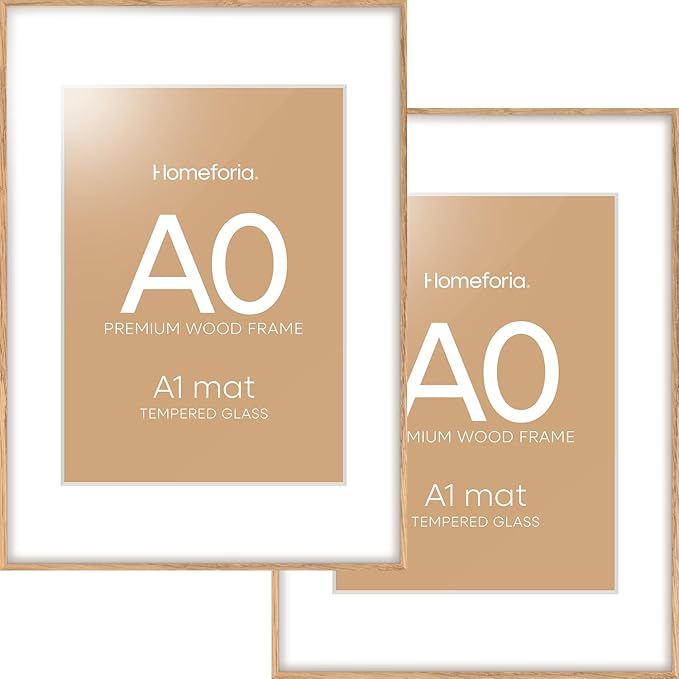 Homeforia A0 Poster Frame Natural Wood, High End Oak 33.1 x 46.8 Large Wooden Picture Frames Matted to 23.4 by 33.1 for Photo, A0 Size Light Wood Frames with Mat A1, Tempered Glass, Wall Kit, Set of 2