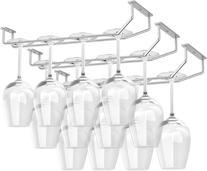 14-Inch Under Cabinet Wine Glass Holder - Metal Stemware Hanger, Single Rail Wine Glass Hanging Rack for Kitchen Bar - Set of 3