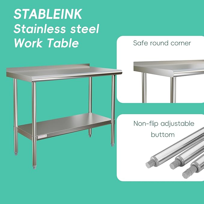 STABLEINK NSF Stainless Steel Table, 24 x 30 Inches Metal Prep & Work Table with Backsplash, Adjustable Undershelf and Table Foot, for Commercial Kitchen, Restaurant, Laundry Room and Garage