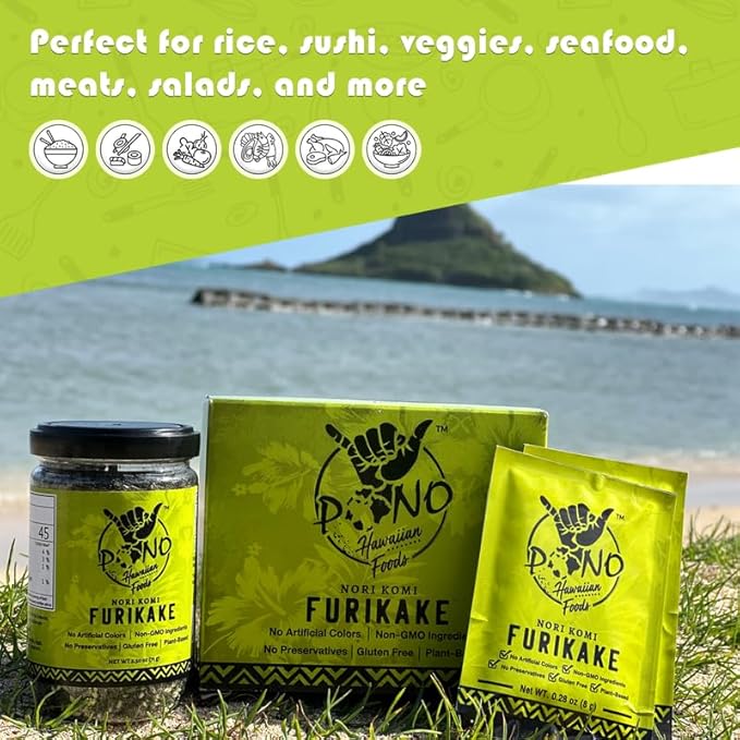 Pono Hawaiian Nori Komi Furikake Rice Seasoning Premium Ingredients - Gluten-Free and Non-GMO - Multi-Purpose Rice Topping – Free from Preservatives and Artificial Colors – Japanese Condiment - 2.5 oz