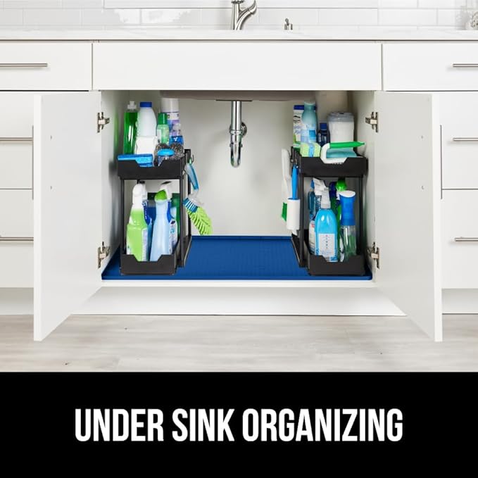 GORILLA GRIP Waterproof Silicone Under Sink Mat with Raised Lip for Kitchen and Bathroom, 28 x 22 in, Cabinet Shelf Liner Stay in Place Mats Dishwasher Safe Drawer Liner, Organizer Tray, Blue