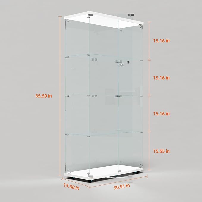 Yoluckea 4 Tiers Glass Display Cabinet with Bluetooth LED Light Strip, 2 Doors Floor Standing Curio Cabinet with Universal Wheel for Home Office Display, White Glass Bookshelf for Collections,Wood Top