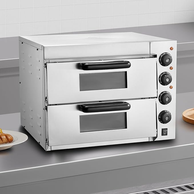 VEVOR Commercial Pizza Oven Countertop, 16" Double Deck Layer, Stainless Steel Electric Pizza Oven with Stone and Handle, Multipurpose Indoor Pizza Maker for Restaurant Home Pretzels Baked