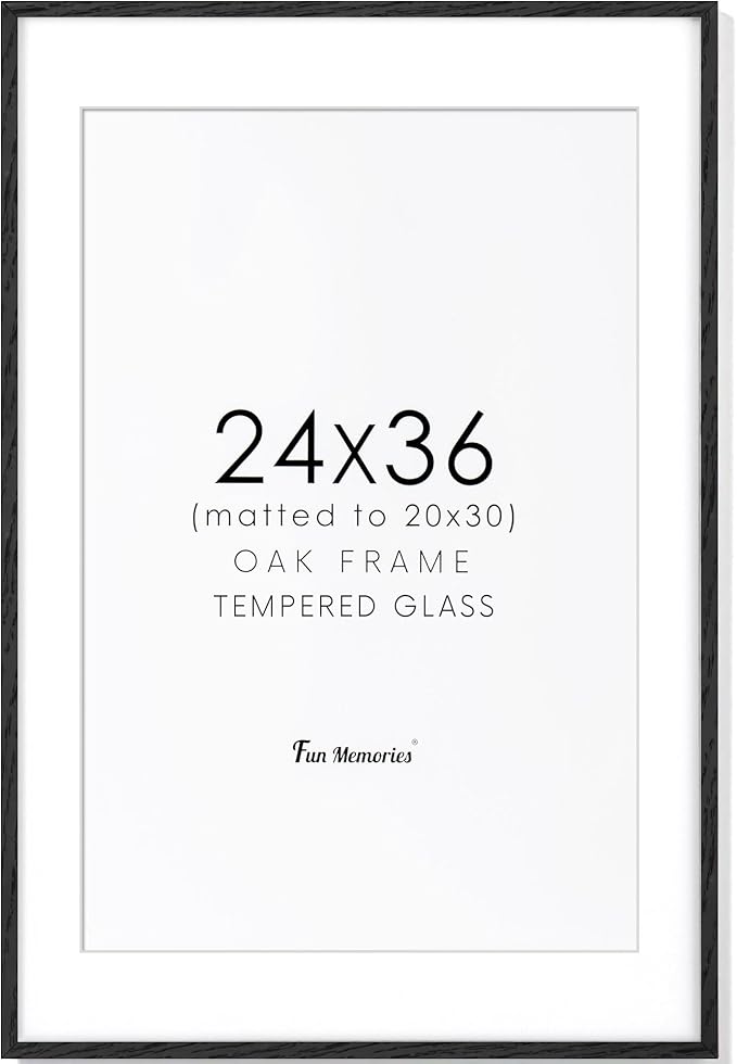 24x36 Black Picture Frame, Black Poster Frames 24 x 36, Solid Oak Wood Frames 24 x 36 Frame, 24"x36" Picture Frame with Tempered Glass, 24x36 Frames Matted to 20x30, 24 by 36 Art Frame for Home Decor