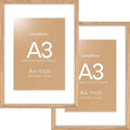 Homeforia A3 Picture Frame Wood, High-End Natural Oak 11.7 x 16.5 Wooden Poster Frames Matted to 8.3 by 11.7 Photo, A3 Size Light Wooden Frame with Mat A4 for Print, Tempered Glass, Wall Kit, Set of 2