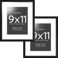 Homeforia 9x11 Black Wood Picture Frame, High End Oak 9 x 11 Frames with Mat 6 by 8 Print, 9by11 Black Wooden Frame Matted to 6x8 inch Photo, Wall or Tabletop Frame, Tempered Glass, Wall Kit, Set of 2