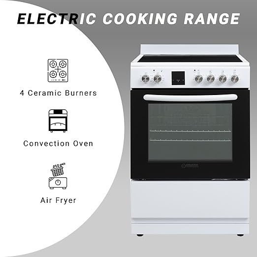 Equator 24" Electric Range in White, Ceramic Cooktop, Convection Oven & Air Fry Function – Compact Freestanding Stove for Baking, Broiling, Grilling, Air Frying & Everyday Cooking