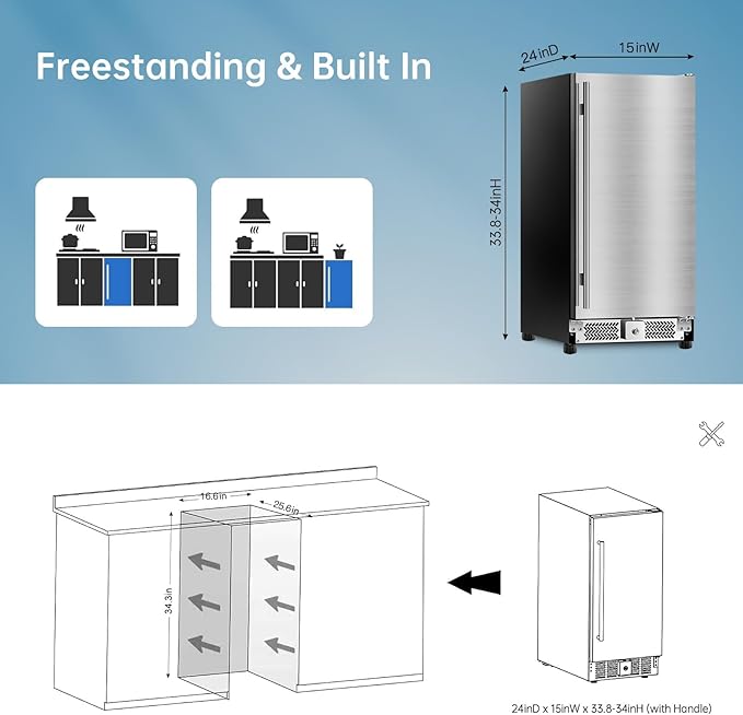 15 inch Outdoor Beverage Refrigerator, Under Counter fridge, 120 Cans Outdoor Wine Cooler with Stainless Steel Finish for Beer, Soda, Freestanding Small Drink Cooler