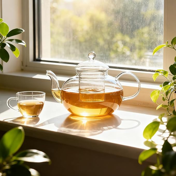 1000ml(33.8oz) Borosilicate Glass Teapot with Removable Glass Infuser, Stovetop Safe Large Tea Kettle for Blooming and Loose Leaf Tea