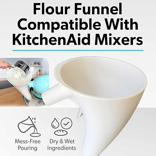 Flour Funnel for Kitchen Aid Mixer, Easy Pour No-Mess Attachment, Anti-Splash Accessory, Fits Tilt-Head 4.5–5 Qt (KSM150), Durable Dishwasher-Safe Baking Tool (Black)