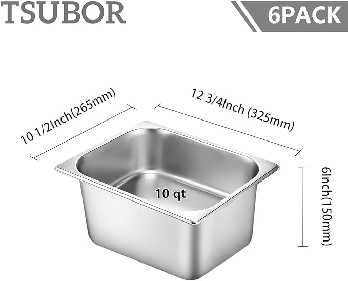 6 Set Stainless Steel Hotel Pans 1/2 Size 6 Inch Deep With Lids, Anti-Jam Chafing Steam Table Pans, Catering Food Storage Metal Pan