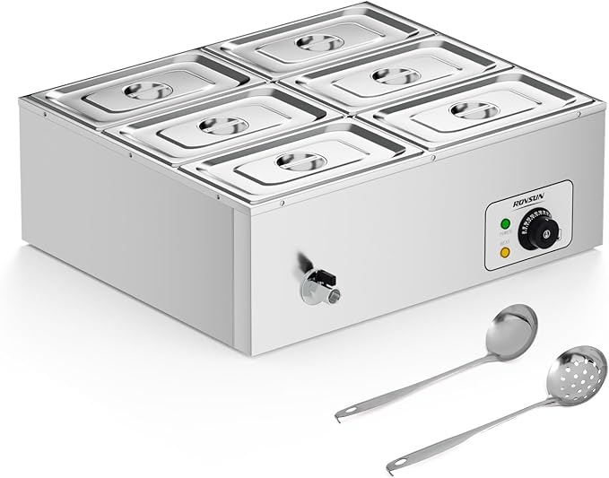 ROVSUN 42.3QT 1200W Electric Commercial Food Warmer, 6-Pan Steam Table 6.9 QT/Pan Stainless Steel Bain Marie Buffet Countertop with Temperature Control & Lid for Parties, Catering, Restaurants 110V