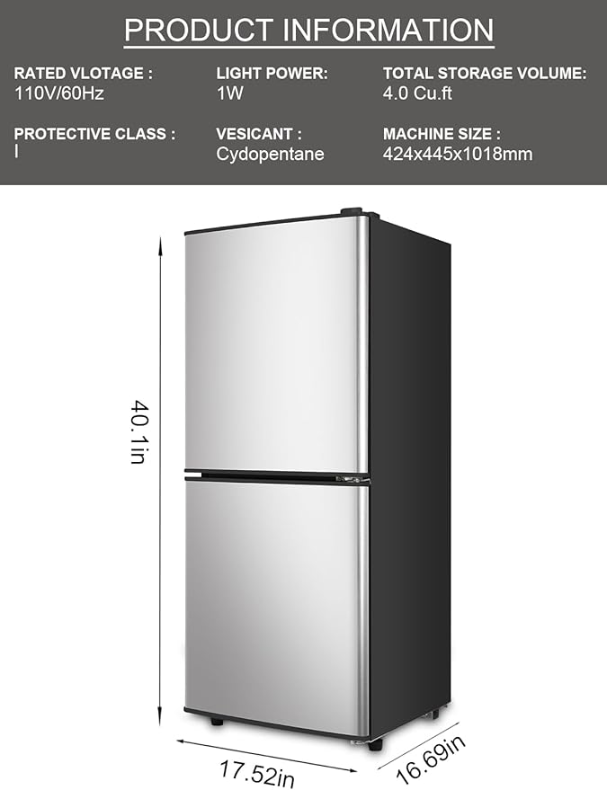 4.0 Cu.Ft Refrigerator with Freezer, 2 Doors Fridge with Adjustable Thermostat Control, Refrigerator for Kitchen, Dorm, Apartment, Garage, Office, Silver
