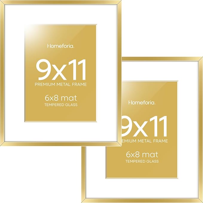 Homeforia 9x11 Gold Frame, High End Metal 9 x 11 Picture Frames with Mat 6 by 8 inch Photo, 9by11 Thin Poster Frame Matted to 6x8 Print, 11x9 Wall or Tabletop Frame, Tempered Glass, Wall Kit, Set of 2