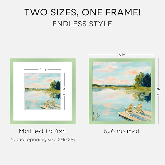 Homeforia 6x6 Sage Green Frame, High End Metal 6 x 6 Square Picture Frame with Mat 4 by 4 Art, 6x6 Photo Frame Matted to 4x4 inch Print, 6by6 Wall or Tabletop Frames, Tempered Glass, Wall Kit, Set of 1