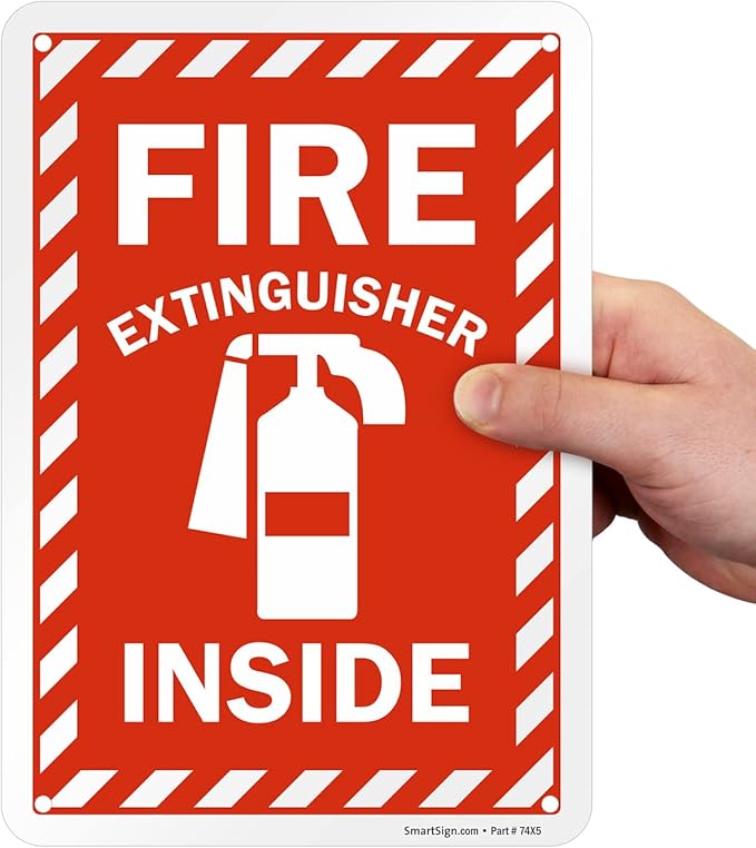 SmartSign 10 x 7 inch “Fire Extinguisher Inside” Metal Sign with Pre-cleared Holes, 40 mil Laminated Rustproof Aluminum, Red and white, Made in USA