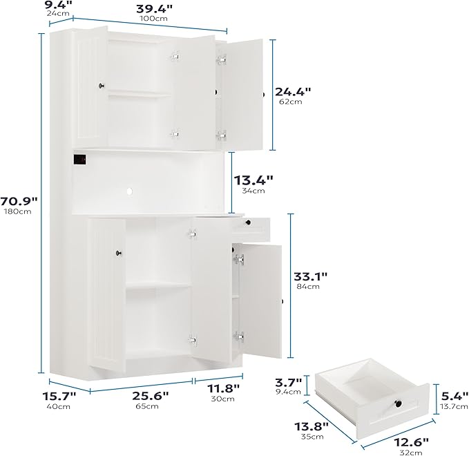 71" Pantry Cabinet with Charging Station, Tall Kitchen Pantry Storage Cabinet with Microwave Stand, Farmhouse Kitchen Hutch with Storage Drawer for Living Room, Dining Room, White